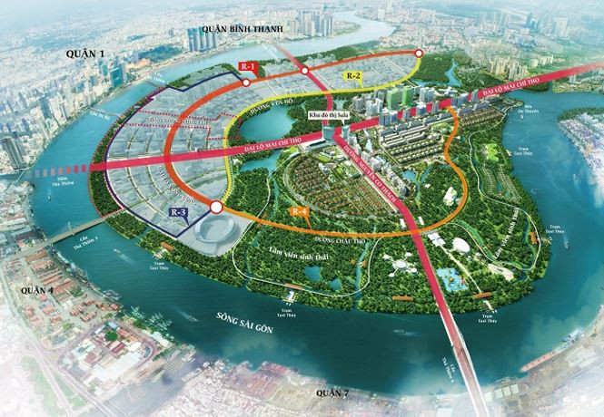Bốn trục đường chính với ký hiệu R1, R2, R3 và R4 trong khu Thủ Thiêm- Ảnh L.N