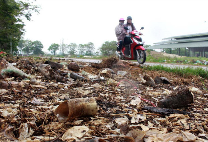 Xương, nội tạng động vật chất đầy đường liên thôn xã Hải Bối. Ảnh: Chí Tuệ.