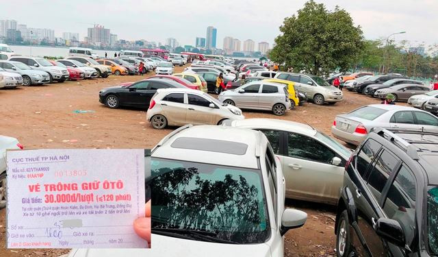 Với quy mô rộng trên 1 hécta và thường xếp kín xe thế này, từ sau Tết đến nay Cty Huy Khánh đã dùng vé không đúng chủng loại xe (ảnh nhỏ) để thu giá cao. Ảnh: T.Đảng.