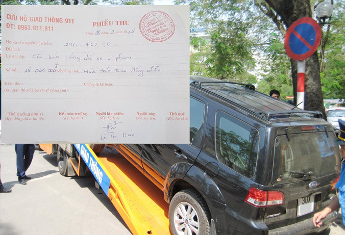 Xe cẩu kéo do CSGT gọi đang có giá chặt chém, riêng phiếu thu 18 triệu đồng phí cẩu kéo xe 29C-76290 (ảnh nhỏ) do Đội CSGT số 14 gọi đắt gần 10 lần.