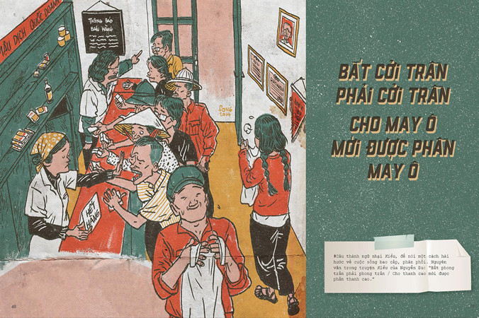 Họa sĩ Thành Phong và trang trong sách Thương nhớ thời bao cấp. Ảnh: Hương Xuân.