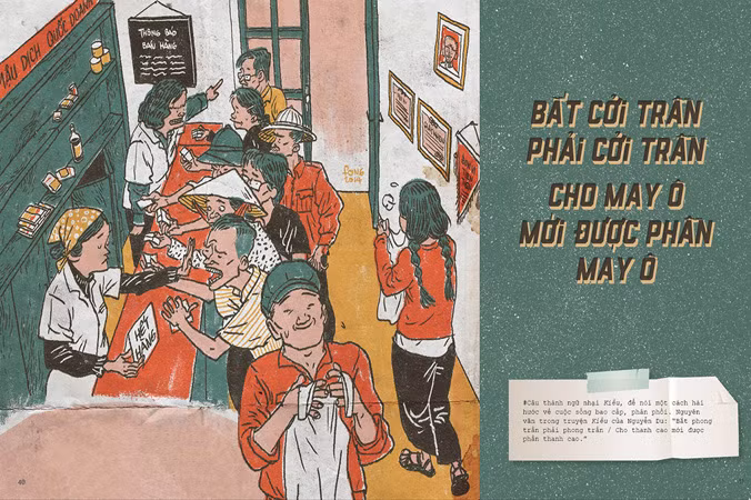 Họa sĩ Thành Phong và trang trong sách Thương nhớ thời bao cấp. Ảnh: Hương Xuân.
