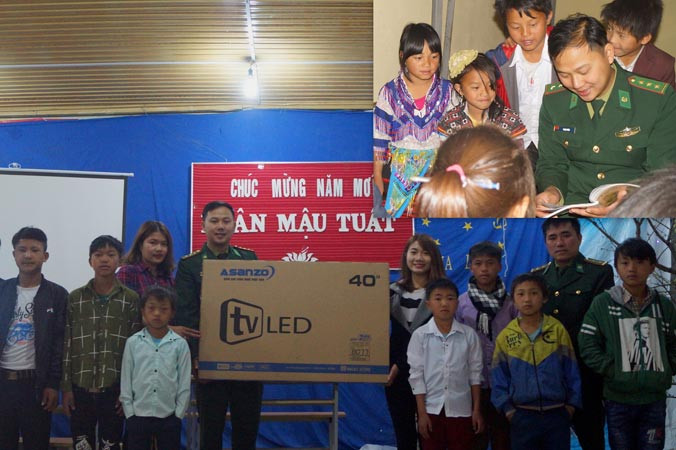 Thượng úy Phạm Tuân trao tặng tivi cho Trường THCS bán trú Tung Qua Lìn; kể cho các em nhỏ những câu chuyện lịch sử dân tộc (ảnh nhỏ). Ảnh: N.M.