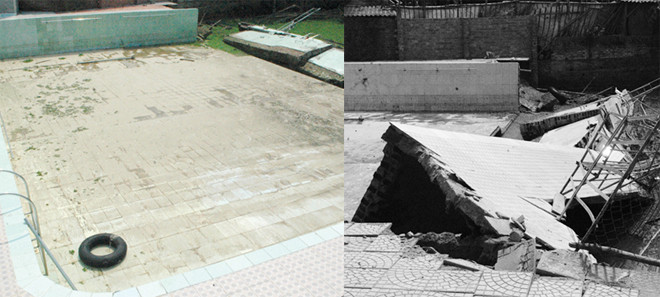 Hiện trường bể bơi bị sập tường khiến 1 học sinh tử vong. Ảnh: Tuấn Nguyễn