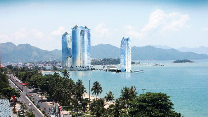 Phối cảnh tổ hợp dịch vụ đa năng Phoenix ở cửa sông Cái, trên vịnh Nha Trang. Ảnh: trang phoenixbeachvietnam.com 