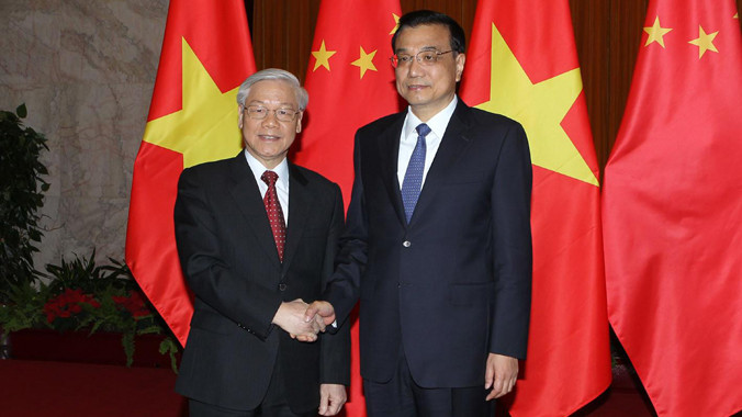 Tổng Bí thư Nguyễn Phú Trọng hội kiến với Thủ tướng Trung Quốc Lý Khắc Cường chiều 8/4. Ảnh: TTXVN