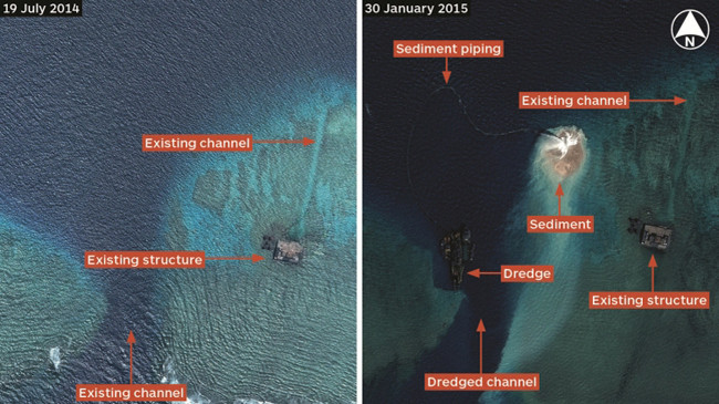 Ảnh vệ tinh cho thấy Trung Quốc đang đẩy mạnh cải tạo trái phép đá Vành Khăn thuộc quần đảo Trường Sa của Việt Nam. Ảnh: IHS