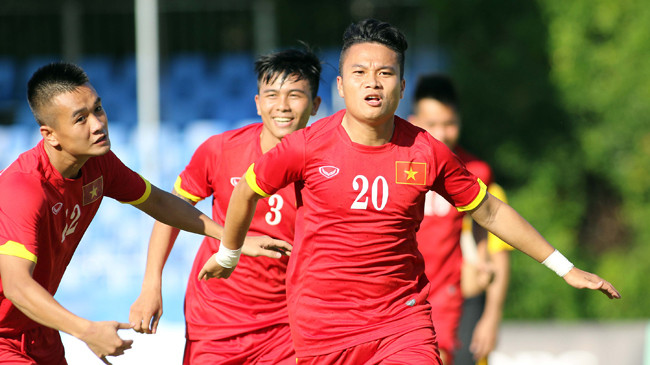 Các cầu thủ U23 Việt Nam ăn mừng bàn thắng trong trận đấu với U23 Brunei. Ảnh: VSI