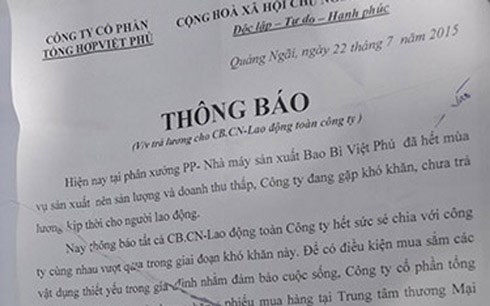 Thông báo người lao động chỉ được trả 70% lương của Cty Việt Phú.