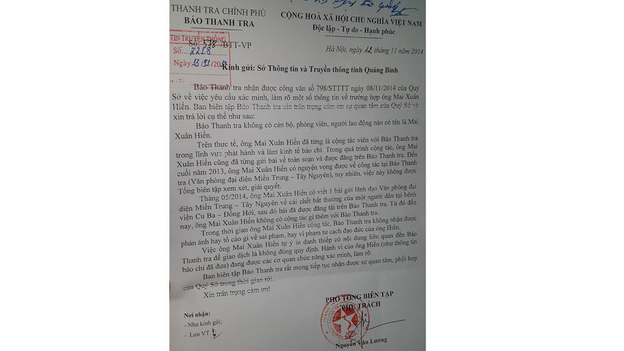 Báo Thanh Tra khẳng định Mai Xuân Hiển không phải là người của báo Thanh Tra.