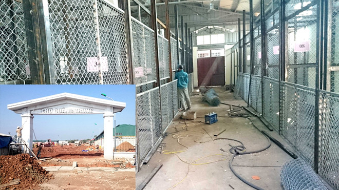 Khu chợ mới Quảng Trung đang khẩn trương xây dựng để hoàn thành các hạng mục chính trong đêm 14/1 (ảnh to). Đa số tiểu thương không muốn sang chợ mới vì cho rằng các ô quầy quá nhỏ, tối đa chỉ có 3,6m2 (ảnh nhỏ)