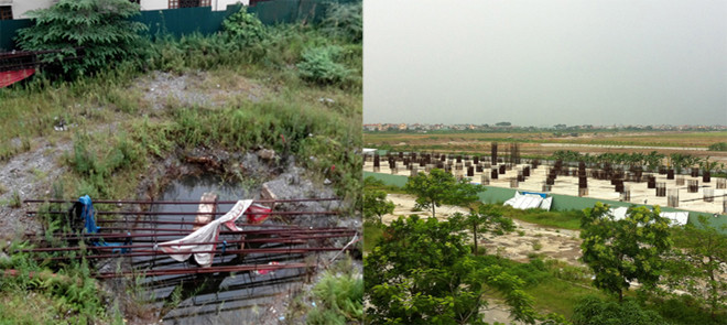 Dự án Tháp Doanh nhân (trái) và Tricon Tower sau nhiều năm vẫn chỉ là bãi cỏ dại. Ảnh: Minh Đức