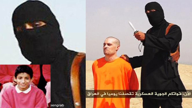 Mohammed Emwazi hồi bé (ảnh nhỏ), rồi lớn lên trở thành “Jihadi John” (trang phục đen kín mít) chuyên hành quyết các con tin bị IS bắt cóc. Ảnh: KNS News - BBC