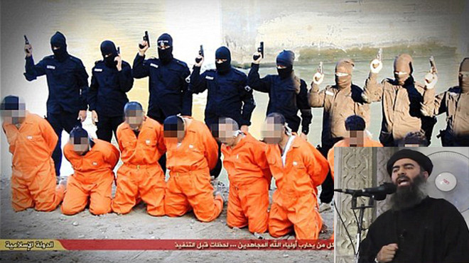 Tám người, bao gồm con trai ông Basil Ramadan, bị IS hành quyết (ảnh lớn). Thủ lĩnh IS Abu Bakr al-Baghdadi được cho là bị thương trong một vụ không kích (ảnh nhỏ). Ảnh: Getty Images