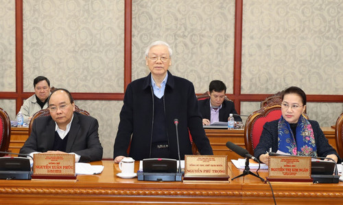 Tổng Bí thư, Chủ tịch nước Nguyễn Phú Trọng chủ trì buổi làm việc với Ban Thường vụ Thành ủy Hải Phòng. Ảnh:TTXVN