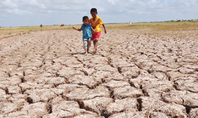 Trẻ em trên cánh đồng nứt nẻ ở Sóc Trăng vào năm 2016​. Ảnh: Hòa Hội.