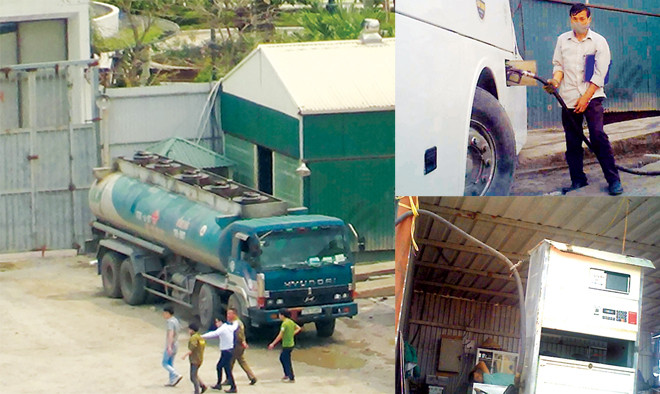 Bãi xe và khu vực có cây xăng tại C8, Nam Trung Yên (ảnh lớn); Nhân viên cây xăng tại C8, Nam Trung Yên đang lén lút đổ xăng; Cây xăng của Cty TNHH Thiên Thảo Nguyên được lắp mái che thô sơ (ảnh nhỏ). Ảnh: Tuấn Nguyễn.