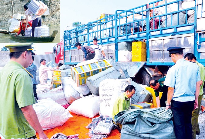 Thu giữ hàng hóa buôn lậu (ảnh lớn), một trong các hình thức vận chuyển hàng lậu mùa lũ (ảnh nhỏ). Ảnh: PV.