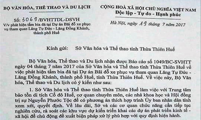 Văn bản của Bộ VH-TT&DL gửi Sở VH-TT tỉnh TT-Huế.