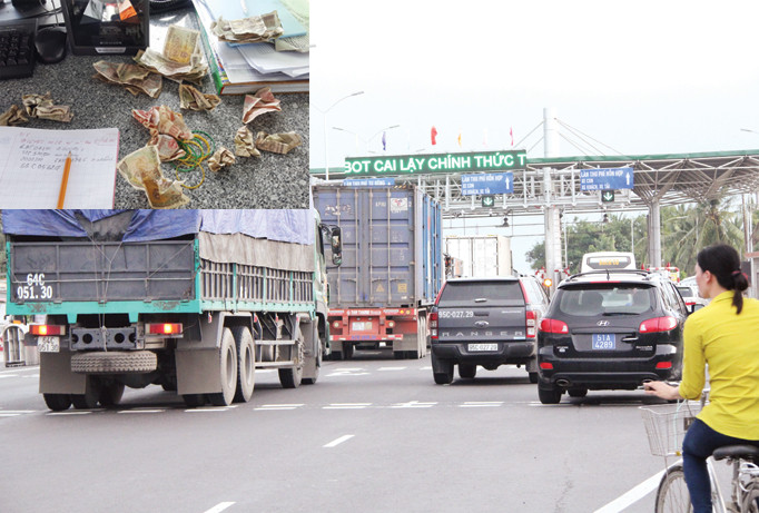 Cách trả phí bằng tiền lẻ gây ách tắc nghiêm trọng tại trạm thu phí BOT Cai Lậy (Tiền Giang). Ảnh: Nhật Huy.