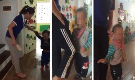 Cảnh bạo hành trẻ tại trường mầm non Sen Vàng, Hà Nội (ảnh chụp từ clip).