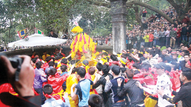 Cướp hoa tre, trầu cau ở Hội Gióng đền Sóc vẫn rất hăng nhưng may không xảy ra thương tích như vài năm trước. Ảnh: Nguyên Khánh.