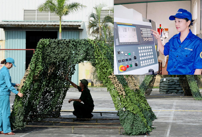 Nữ đoàn viên Nhà máy Z129 đang thao tác trên máy CNC (ảnh nhỏ) và sản phẩm lưới nguỵ trang của tuổi trẻ Nhà máy Z176. Ảnh: N.M.