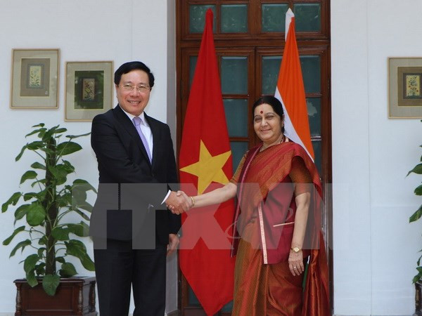 Phó Thủ tướng, Bộ trưởng Ngoại giao Phạm Bình Minh gặp và hội đàm với Bộ trưởng Ngoại giao Ấn Độ Sushama Swaraj. (Ảnh: Huy Bình/TTXVN)
