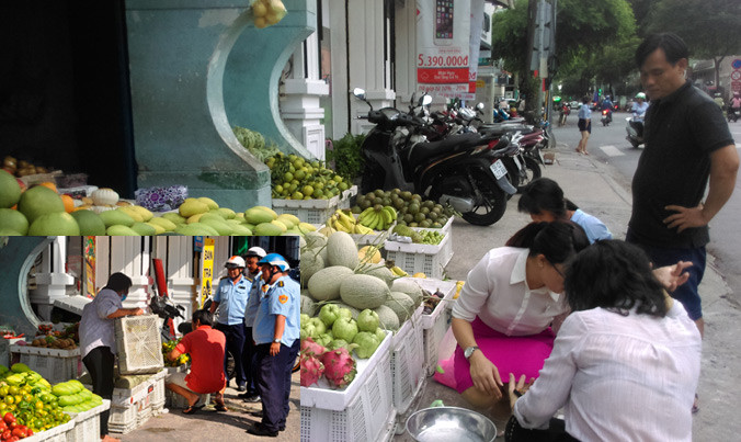Một sạp bán trái cây chiếm vỉa hè trên đường Hai Bà Trưng bị lực lượng chức năng quận 1 xử lý hồi tháng 2/2017 (ảnh nhỏ). Tuy nhiên, ngày 9/5, tại nơi đây vẫn diễn ra cảnh tái chiếm, thậm chí bày bán còn nhiều hơn hồi trước (ảnh lớn). Ảnh: Văn Minh.
