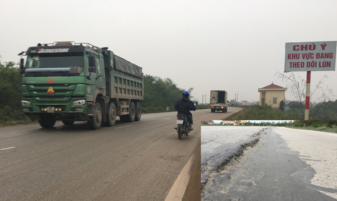 Xe quá khổ, quá tải chở cát trên đê sông Hồng, đoạn qua địa phận huyện Văn Giang (Hưng Yên) (ảnh lớn); Hàng loạt điểm đê sông Hồng bị lún, rạn nứt dài hàng km. Ảnh: Nguyễn Hoàn.