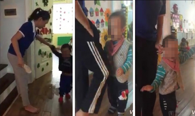 Trẻ bị giáo viên bạo hành (ảnh cắt từ clip).