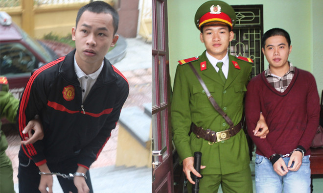 Lê Văn Tư và Cao Văn Hiếu (ở huyện Triệu Phong, là bạn games cũng là đồng phạm lừa đảo qua mạng của Tư) được cảnh sát dẫn giải tới tòa án. Ảnh: H.L.