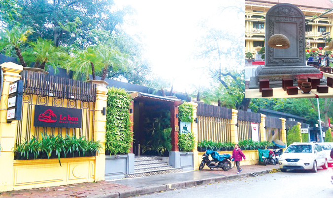 Quán cà phê thuê tại Bảo tàng Lịch sử Quốc gia nằm trên đường Phạm Ngũ Lão, Hoàn Kiếm, Hà Nội để kinh doanh (ảnh lớn); Nhiều vật dụng phục vụ bữa tiệc quây kín hiện vật trưng bày trên sân Bảo tàng Lịch sử Quốc gia (ảnh nhỏ). Ảnh: Ngọc Châu - Trần hoàng.