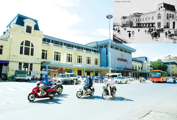 Ga Hà Nội ngày nay (ảnh lớn). Ga Hàng Cỏ ngày xưa (ảnh nhỏ). Ảnh: Hồng Vĩnh.
