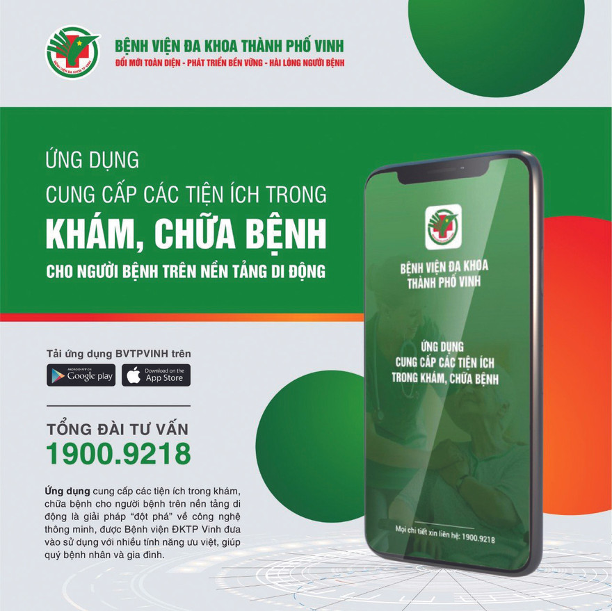 Ứng dụng cung cấp các tiện ích trong khám chữa bệnh cho người bệnh trên nền tảng di động mà Bệnh viện ĐK TP Vinh áp dụng