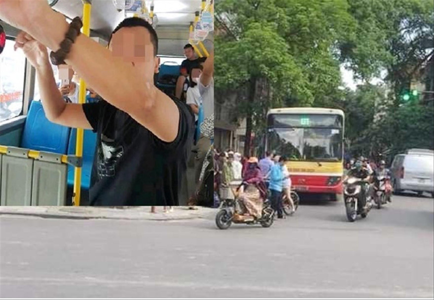 Kẻ biến thái bị phát hiện “tự sướng” trên xe buýt số 01 ngày 21/6 (ảnh nhỏ), tài xế dừng xe để cùng hành khách đưa người này vào đồn công an. Ảnh: A.T