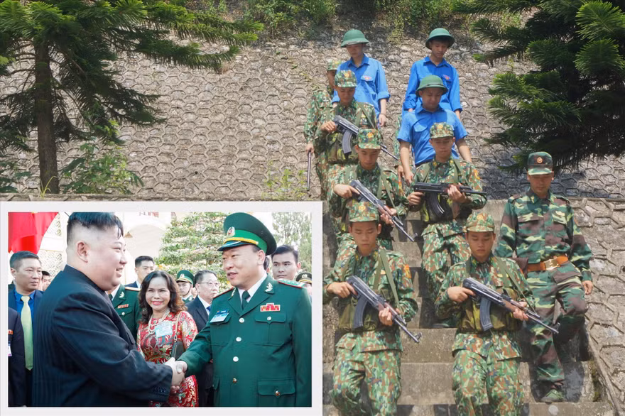 Lãnh đạo BĐBP Lạng Sơn tiễn Chủ tịch Triều Tiên Kim Jong Un về nước tại ga Đồng Đăng, tháng 3/2019 (ảnh nhỏ); Cán bộ, chiến sĩ Đồn Biên phòng CKQT Hữu Nghị và ĐVTN địa phương tuần tra bảo vệ đường biên, mốc giới (ảnh lớn). Ảnh: PV