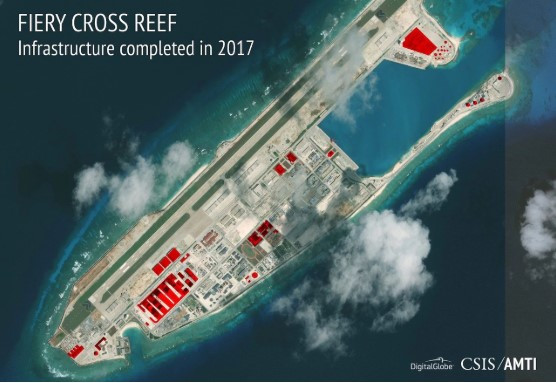 Những công trình Trung Quốc xây dựng trên đá Chữ Thập thời điểm 2017. Ảnh: Telegraph/CSIS/AMTI