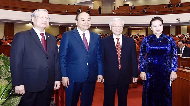 Tổng Bí thư, Chủ tịch nước Nguyễn Phú Trọng và các lãnh đạo của Đảng, Chính phủ, Quốc hội tại Hội nghị Trung ương 14 ảnh: Nhật Minh 