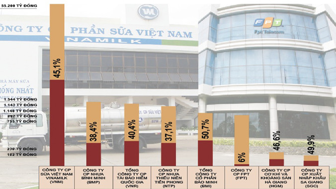 Tỷ lệ vốn nhà nước tại 10 doanh nghiệp sẽ thoái hết vốn (2 công ty là Công ty CP Hạ tầng và Bất động sản Việt Nam và Công ty CP Viễn thông FPT chưa lên sàn nên chưa tính được giá trị vốn hóa)