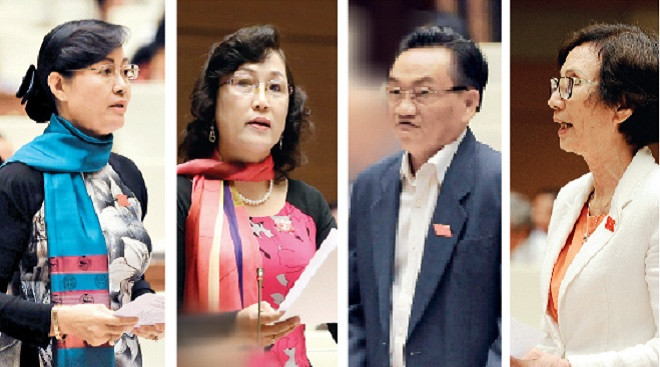 Thảo luận về ngân sách chiều 3/11, nhiều đại biểu Quốc hội phản ánh nhân dân rất bất bình với tình trạng lãng phí hiện nay. Trong ảnh (từ trái qua phải): ĐB Nguyễn Thị Quyết Tâm, ĐB Nguyễn Thị Kim Bé, ĐB Trần Du Lịch, ĐB Bùi Thị An. Ảnh: H.Long