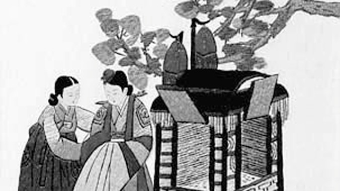 Bức tranh thêu mô tả cuộc sống thời phong kiến.