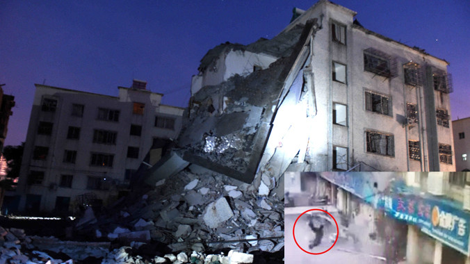 Hiện trường một vụ nổ ở Quảng Tây. Ảnh nhỏ: Một người bị bắn ra từ tòa nhà phát nổ sau vụ đánh bom thư? Ảnh: Xinhua - SCMP