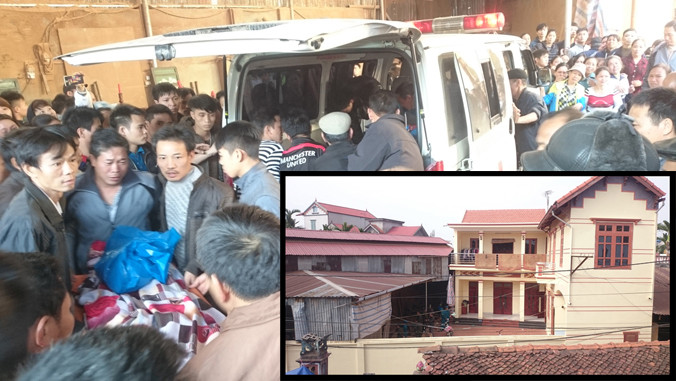 Thi thể hai nạn nhân được đưa về nhà để làm thủ tục mai táng (ảnh lớn). Ngôi nhà nơi xảy ra vụ án mạng (ảnh nhỏ).