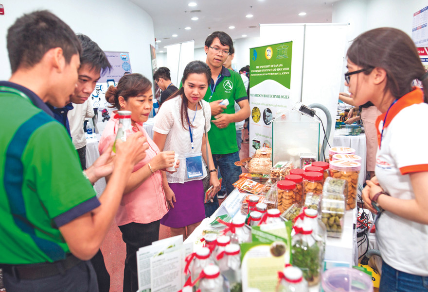 Các sản phẩm của dự án nghiên cứu công nghệ sinh học nấm của Khoa Sinh – Môi trường (ĐH Sư phạm – ĐH Đà Nẵng) trưng bày ở Triển lãm khởi nghiệp SURF 2018 Ảnh: Giang Thanh