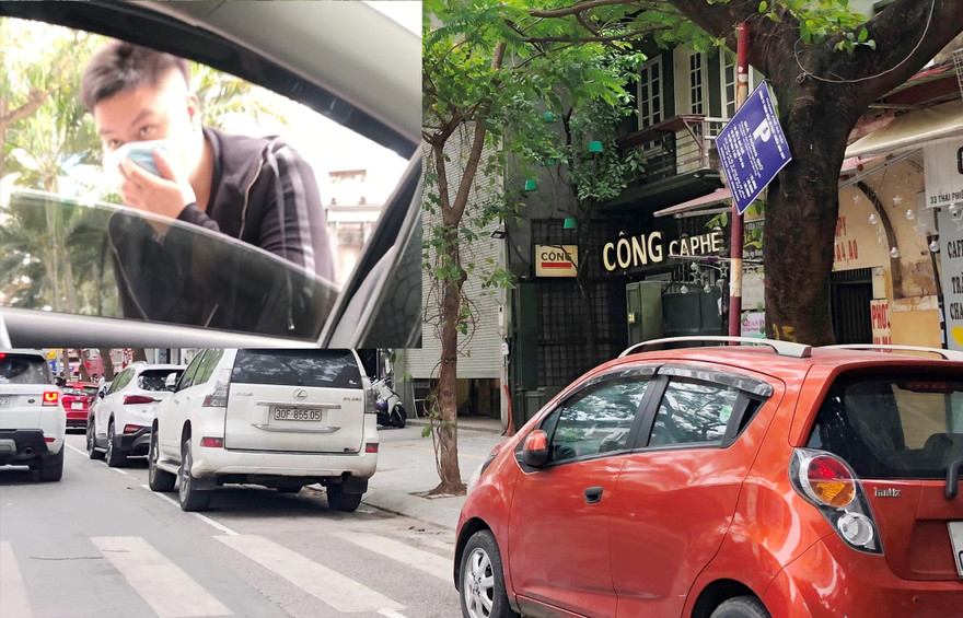 Điểm trông xe phố Thái Phiên với biển cấp phép xô lệch và nhân viên thò đầu qua cửa kính ô tô (ảnh nhỏ) yêu cầu chủ xe trả 70.000 đồng/lượt Ảnh: A.Trọng 