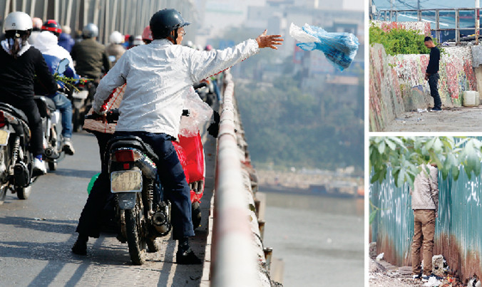 Điều 20, Nghị định 155 quy định xả rác trên vỉa hè, đường phố hoặc hệ thống thoát nước thải và nước mặt đô thị bị phạt 5-7 triệu đồng; đại tiểu tiện bậy bạ phạt 1-3 triệu đồng. Trong ảnh: Cảnh xả rác và tiểu tiện bừa bãi tại Hà Nội. Ảnh: Hồng Vĩnh - Như Ý