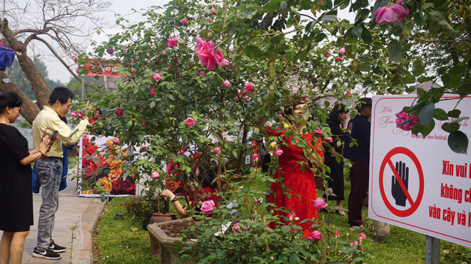 Rất vô tư “sờ hiện vật”. Ảnh: Nguyên Khánh