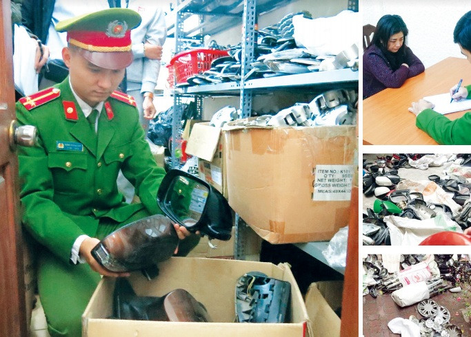 Công an lục soát và lấy lời khai của chủ kho hàng. Ảnh: PV