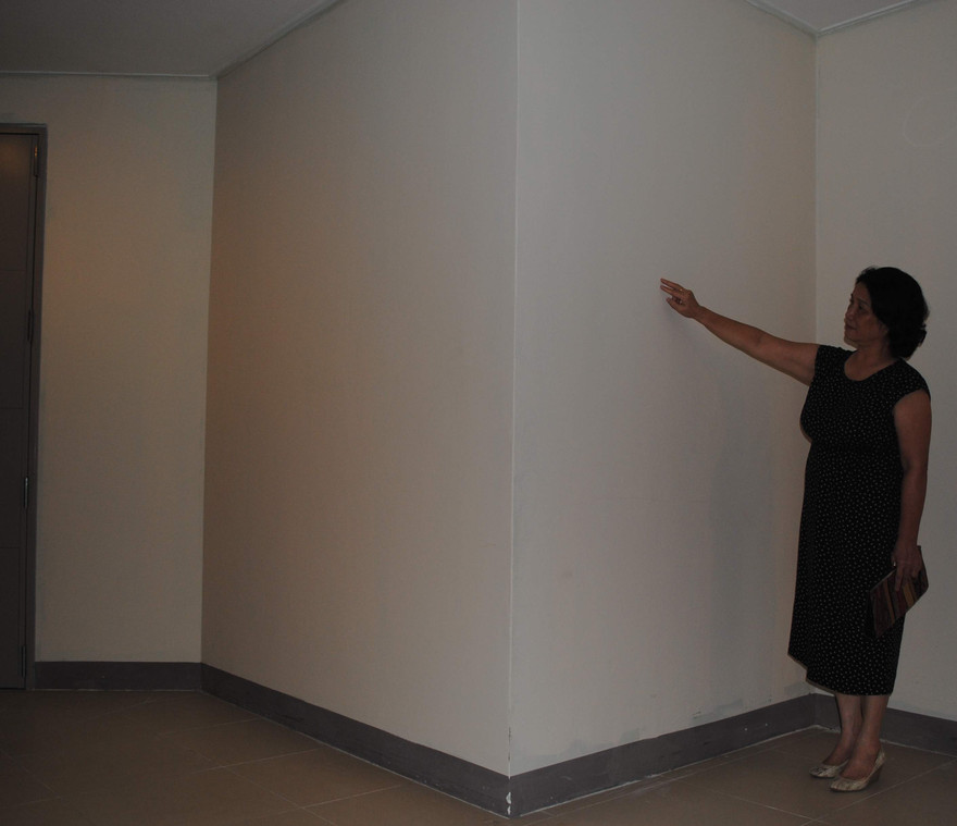 Bà Bùi Thị Bảo Quyên chỉ vào hộp kỹ thuật nằm ngoài hành lang chung cư mà bà phải trả tiền mua vô lí. 